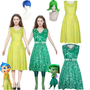 Anime Inside Out 2 Joy Disgust Costume for Kids Girl Yellow Green Dress for Woman Halloween Party Clothes Wig