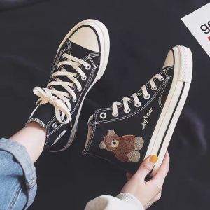 Korean Womens Cute Bear Design Student Versatile Sneakers Casual High Top Canvas Shoes
