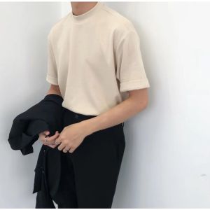 NP Mens Korean T-shirt Small Stand-up Collar Summer Cotton Plain Color  T-shirt Fashion Casual Tops