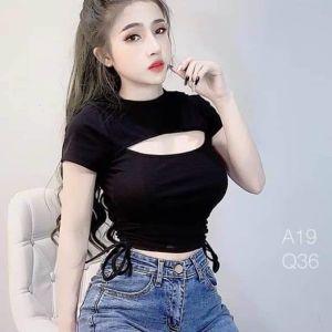 Áo croptop tay ngắn khoét ngực rút dây thời trang xixo cao cấp