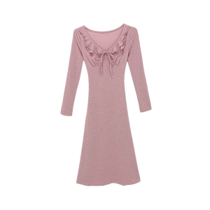 แม็กซี่เดรส แขนยาว คอวีแต่งระบาย2ชั้น มีเชือกผูกโบว์กลางอก ข้างลำตัวมีห่วงร้อยเชือกผูกด้านหลังเก๋ๆ ผ้ายืดทรงเข้ารูป Dress ออกงาน #9143