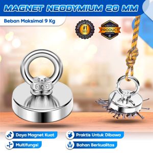 TITIK TIGA Magnet Gantungan Neodymium Diameter 20 MM – Magnet Neodymium Hook Super Kuat Beban Max 9 KG Magnet Multifungsi Magnet Mini Neodymium