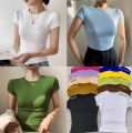 BASIC Double Lining Full Length Top Short sleeve Basic Plain T Shirts Top for women Cotton Spandex Slim Fit Body Hugging T-shirt Top XS-S free size. 