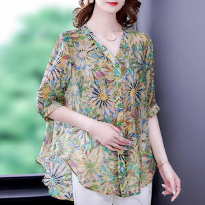 2024 Hot Drilled Short-sleeved Blouse Womens Fashion Casual Floral Shirts New Commute Design Korean Style Thin Shirts Top 5XL
