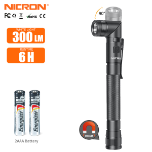 NICRON LED Flashlight B73r/N73 Dual Fual 14500 rechargeable flashlight AA flashlight with strong Magnet 90 Degree Twist head Pen light 300lumen IPX4 water resistant outdoor flashlight B73r/N73