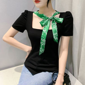 412YIMEI Áo thun cổ vuông in ruy băng xanh mới mùa xuân hè 2025 áo cotton tay ngắn thời trang nữ với nơ bong bóng