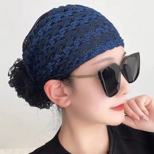 LUSIT Lace Muslim Headscarf Cap Soild Color Acrylic Fibers Muslim Headpiece Elegant Turban Women