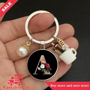 [COD] A-Z Letters Elegant Imitation Pearl Key Chain Charm Enamel 26 Letters Key Ring