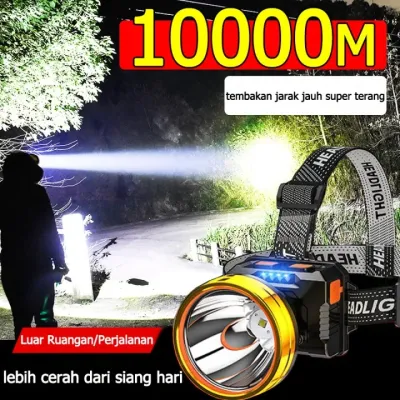 Senter Cas Super Terang Kepala Anti Air Jarak Jauh 10000 Meter 100Watt Tahan 30 Jam Super LED Baterai Lithium Super Terang Cahaya Putih dan Kuning Paling Terang Senter Tahan Air Terang Jarak Jauh Senter Kepala Super Terang Led Jarak Jauh Tahan Air