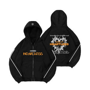 Hoodie boxy hitam Heartless zipper oversize Sablon Reflektif menyala jaket pria wanita