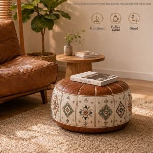 STYLETENK Boho Pattern Ottoman Pouf Fillable Design PU Leather Footstool Cover  Water Resistant Round Pouf Cover Living Room