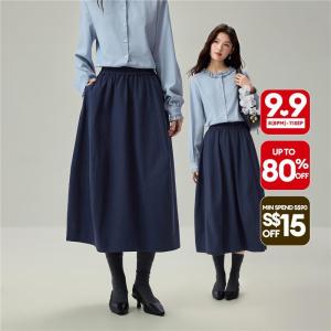 Giordano Beau Monde Women 100% cotton elastic waist cocoon maxi skirt Free Shipping 13466808
