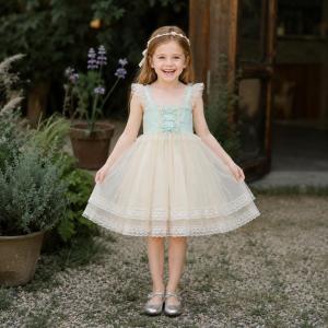 Girls Green Cream Princess Dress Lace Tulle Party Dress Kids Birthday Dress Flower Girl Wedding Performance Costume