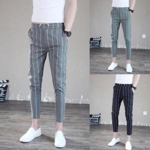 Mark Belt Korean Version of The Autumn Slim Casual Trousers Mens Fashion Trend Vertical Stripes Nine Points Pants