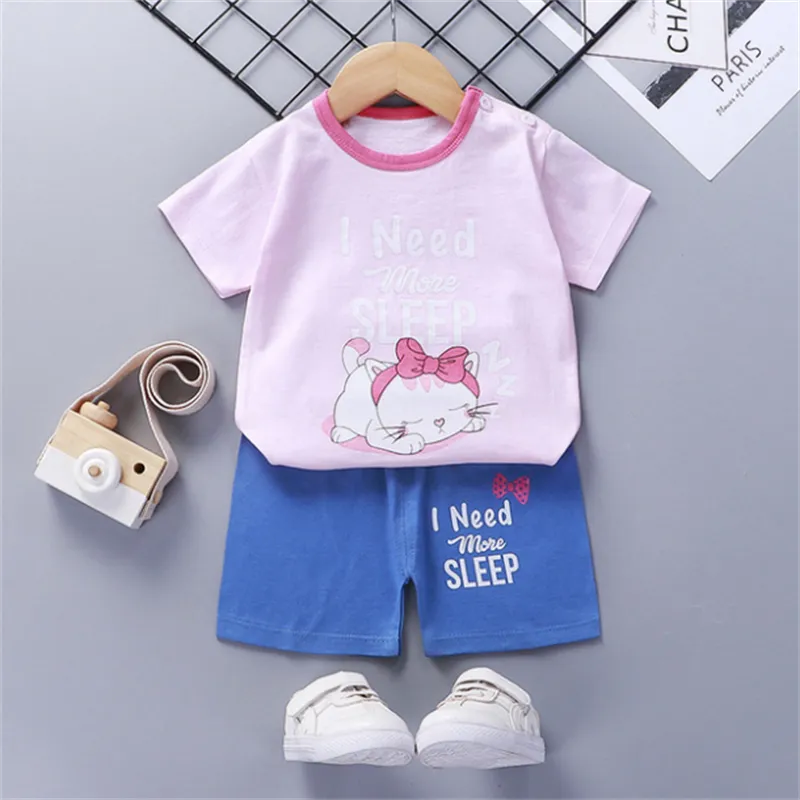 Girls Pink Cute Printing T-Shirt Tops With Shorts Kids Clothing Sets Pure  Cotton Baby Short-Sleeved Home Wear Fashion Outfit For Toddler Girl 0-6Y