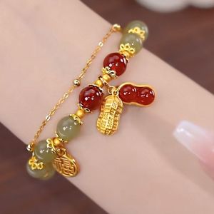 Peanut Natural Hetian Jade Lucky Charm Bracelet Sand Cinnabar Beads Bracelet for Women Natural Hetian Jade Cinnabar Bracelet with Peanut Blessing Charm Lucky Protection Beaded Bracelet Elegant Jewelry Gift for Women Mom Girlfriend