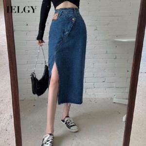 IELGY  womens denim slit high waist slimming irregular skirt