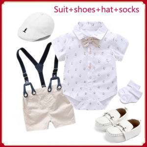 5pcs Set Baptismal Outfit for Baby Boy Christening Clothes for Baby Boy Terno 0 6 Months Newborn Romper Suspender Shorts Pants Shoes Cap Gentleman Suits Set Dinosaur Costume