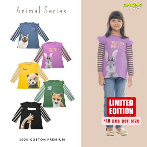 SUPERKIDSCLOTH Kaos Anak Perempuan Lengan Panjang Stripe Rampel Ruffle Gambar 3D Hewan Kucing Kelinci Bear Lucu Terbaru Murah | Baju Anak Perempuan Lengan Panjang Sablon DTF Umur 1 2 3 4 5 6 7 8 9 1011 Tahun