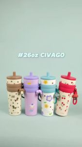 26oz แก้วกาแฟสแตนเลสสตีลพร้อมฝาปิด กระติกสุญญากาศเซรามิคไลเนอร์ ชุดภาพวาดลายพิเศษ