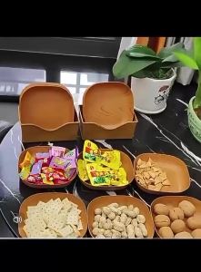BHQ 6 Pcs Wood Grain Plastic Plate Multifunctional Dessert Snack Dish Kitchen Dinnerware Set