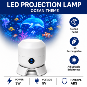 Keycool LED Projection Lamp Christmas & Ocean Theme USB Rechargeable Night Light with Adjustable Brightness Rotatable Projector for Kids Bedroom Home Holiday Decor