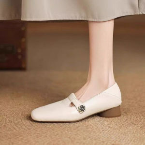 [Free Shipping] Retro Square-Toe Genuine Leather Shallow Pumps For Women Sheepskin Low-Heel Shoes New Spring/Summer Collection 3Cm Heel