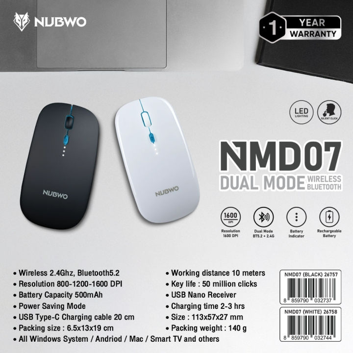 Nubwo NMD07 Dual Mode Wireless Bluetooth Mouse เมาส์ไร้สาย เสียงเงียบ ...