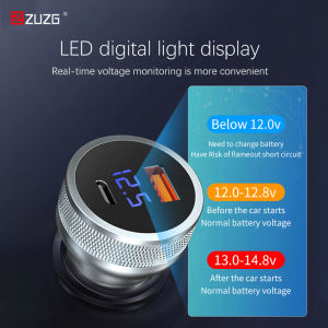 ZUZG PD 65W USB C Car Charger Metal Fast USB Car Charger QC3.0 Dual Port Car Adapter with LED Display for USB-C Laptop Macbook iPhone 12/12 Pro/Max/12 Mini/11 Galaxy S20 iPad Pro and More