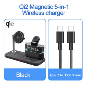 ZUZG 5-IN-1 Qi2 Wireless Charger with Alarm Clock for Apple Wirelss Charger Stand for iPhone 17/16/15/14/13/12 Series Apple Watch Series 10/9/Ultra 2/8/7/SE/SE2/6/5Air-Pods 4/3/Pro/2 Wireless Charging Station