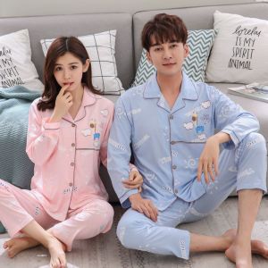 2021 Korean Couple Pajamas Set Women Men Pajama Terno Cotton Sleepwear Nightwear Long Sleeve Tops +Pants Pajama Set Cardigan Homewear Female Male Leisure Wear Couple Set Casual Home Clothes Suit Pyjamas Set㏇X0410