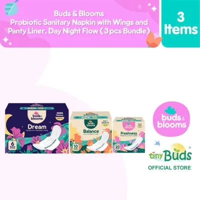 Buds & Blooms Probiotic Sanitary Napkin with Wings & Panty Liner Day Night Flow (3 pc Bundle)