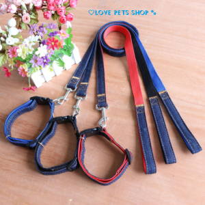 Bộ dây dắt chó mèo kèm vòng cổ bằng vải jean 2 lớp - Love Pets Shop