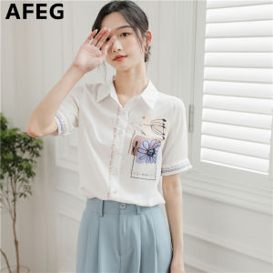 AEFG new Korean style shirt collar fashion loose all-match temperament printed chiffon short-sleeved blouse for women