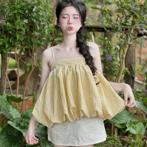 Set đồ nữ mặc hè xinh set thiết kế áo 2 dây Kate xốp sọc babydoll Bí xoè mix váy ngắn Kaki có lót