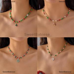 [COD] SweetBabiese Màu đỏ và màu xanh lá cây giáng sinh Vòng cổ cây bông tuyết Mặt dây chuyền xương đòn chuỗi tương phản Hạt Vòng Cổ