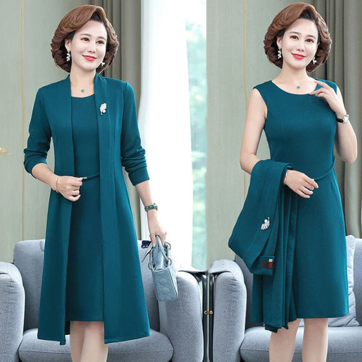 Two Piece Sets Large Size Mother Suit Women Sleeveless Dress +