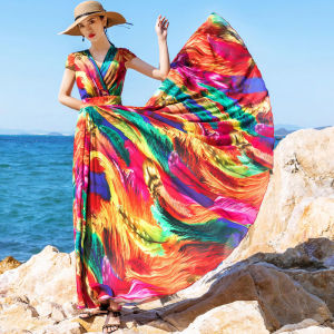 ELF TRIBE เดรสผ้าชีฟองสำหรับผู้หญิงใหม่ชุดเดรสผ้าชีฟองขนาดใหญ่ชุดเดรสชายหาดวันหยุดอินเทรนด์