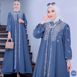 E&M Dress wanita muslim kekinian import desayu dress wanita aplikasi bordir bahan crinkle gamis wanita muslim lebaran 2024 terbaru mewah dress wanita model mayung