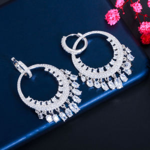 SEQUITO Delicate Ladies Jewelry White Gold Color Full Pave AAA Cubic Zircon Trendy Round Tassel Drop Earrings Women Party Clothing Accessories SE839