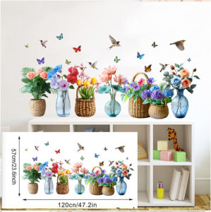 Floral Vase Wall Sticker 120x57cm – Beautiful DIY Removable Wall Decal featuring Colorful Flowers in Vases Butterflies and Birds. Perfect for Bedroom Living Room Study Room Children’s Room Office or Background Wall Decoration. Made of High-Quality