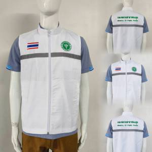 กั๊กสีขาว ผ้าค้อมทวิว รุ่นปักลงเสื้อ เสื้อกั๊ก  ผ้าค้อตต้อนค้อมทวิว งานผลิตจากโรงงานไทย