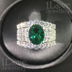 iLove Jewellery 925 Sterling Silver 18K White Gold Plated 1.9ct Oval Green Lab Created Emerald + Cubic Zirconia Ring Half Row Diamond Luxury Jewelry Gifts for Women Fashion ILR031