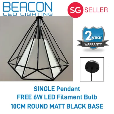 BEACON LED (LOCAL SELLER WITH WARRANTY) Metal Pendant Light -25cm Diamond - Matt Black (Single/Three Head) - FREE 6W LED FILAMENT BULB