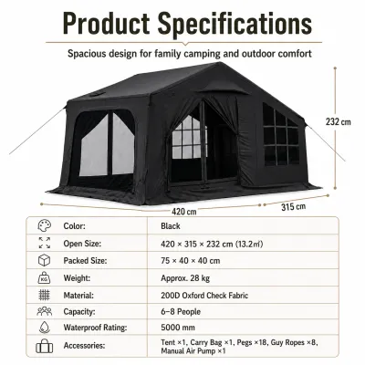 8-10 Person Inflatable Glamping Tent 13.2㎡ Large Family Tent with 2 Doors 4 Windows TPU View Window Chimney Hole & AC Vent 200D Oxford Fabric PU5000 Waterproof