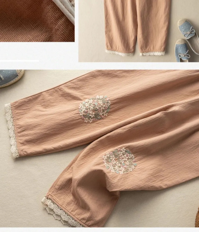 Women's Casual Loose Cotton Embroidery Lace Casual Women's Pants