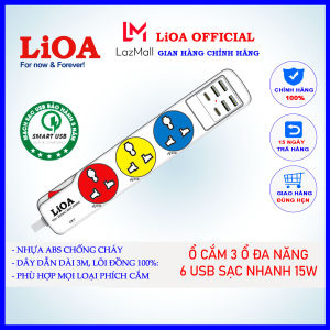 Ổ cắm Lioa đa năng có 6 cổng usb sạc nhanh 15w 3 ổ cắm công suất 2200w bảo hành 5 năm