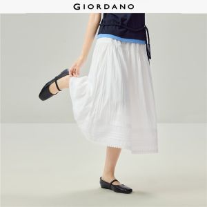 Giordano Women Lace trim elastic waist pintuck maxi skirt Free Shipping 18466223
