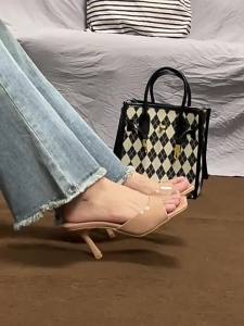 [Free Shipping] Womens High Heels 2025 Summer New Vintage Square-Toed Strap Sandals Patent Leather Nude Thin Heel Outdoor Slippers