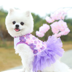 1pc Pet Princess Dress Flower Printed Multi-layer Net Yarn Cotton Round Neck Wedding Skirt for Dogs Cats Summer